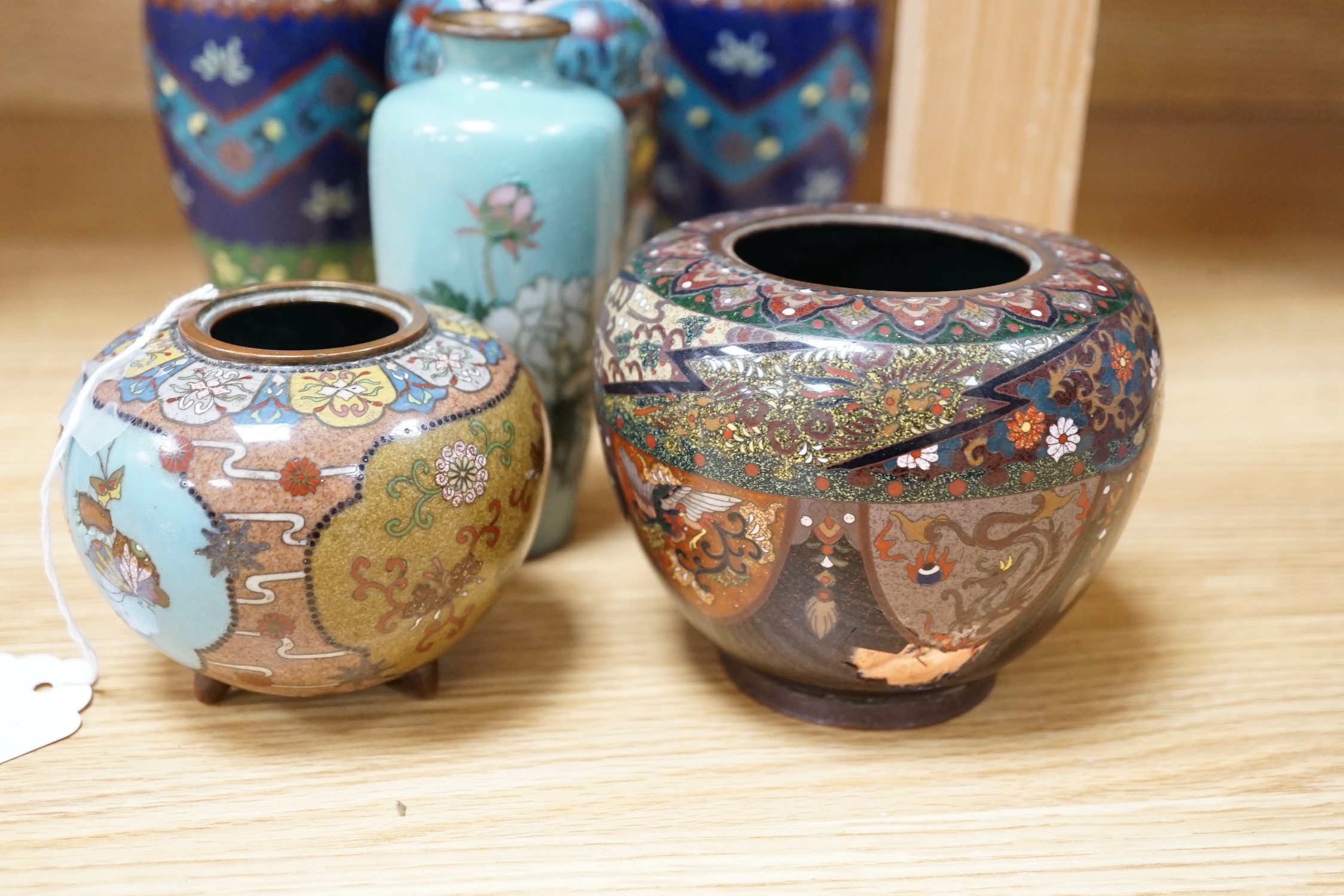 Assorted Japanese cloisonné enamel vases, The tallest 18.5 cm